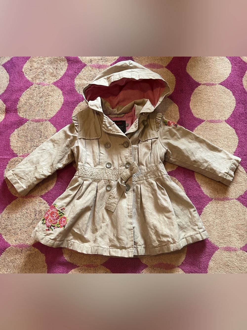 Catimini French Trench Coat with Embroidered Flowers size 2